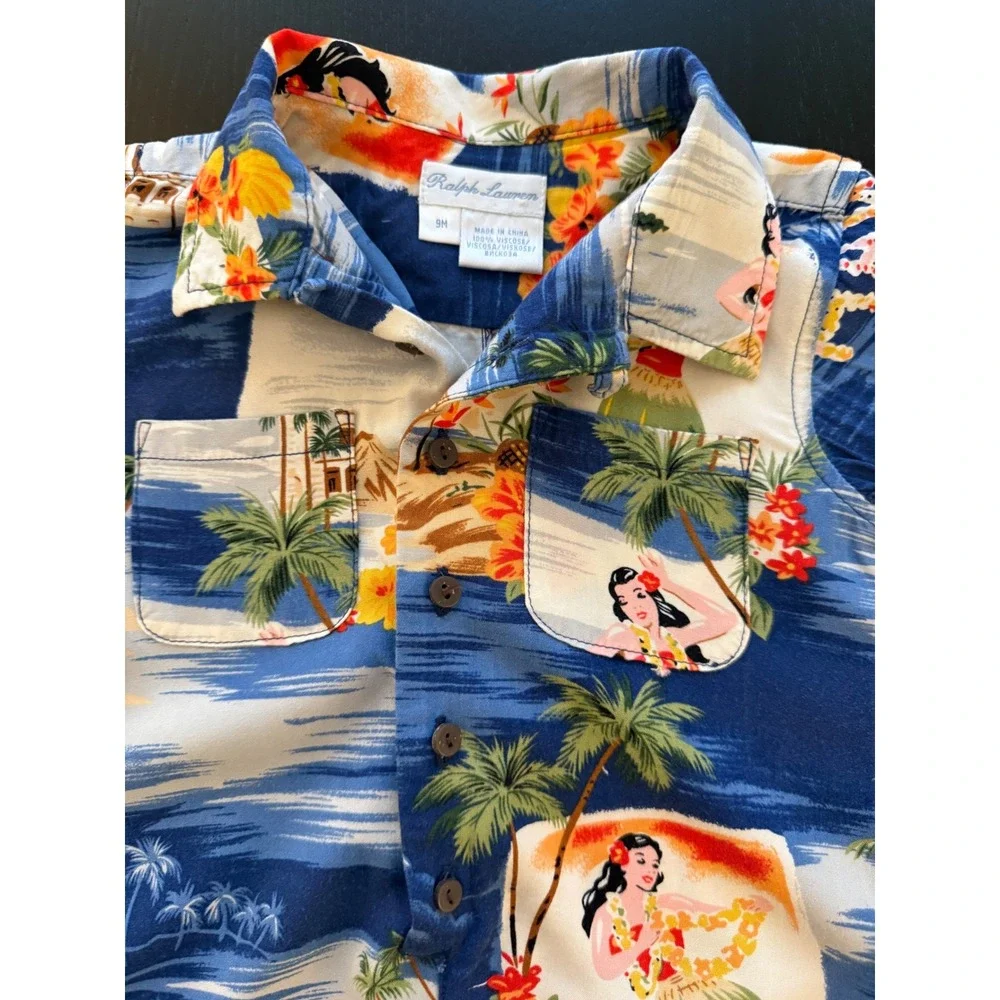 Ralph Lauren Baby Aloha Hawaiian Romper Size 9 Months Blue Loop‎ Collar Infant
